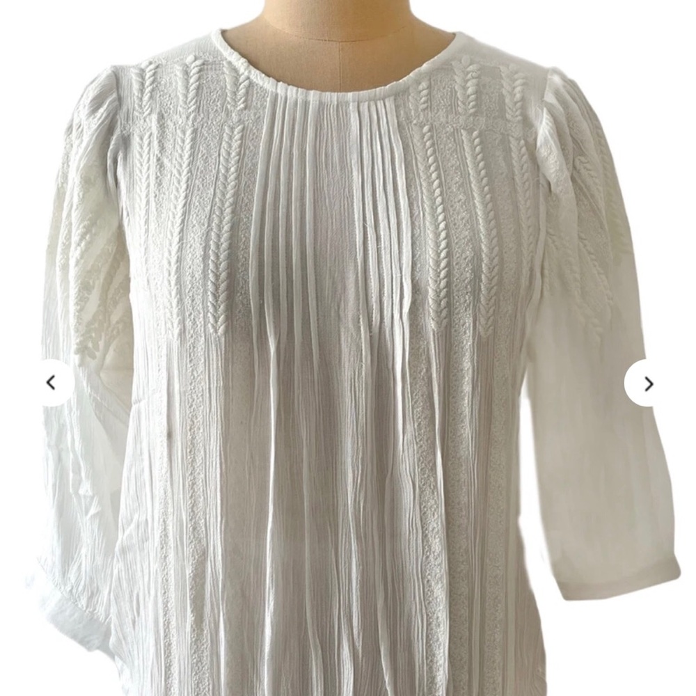 Crisp White Pleated Blouse with Three-Quarter Sleeves